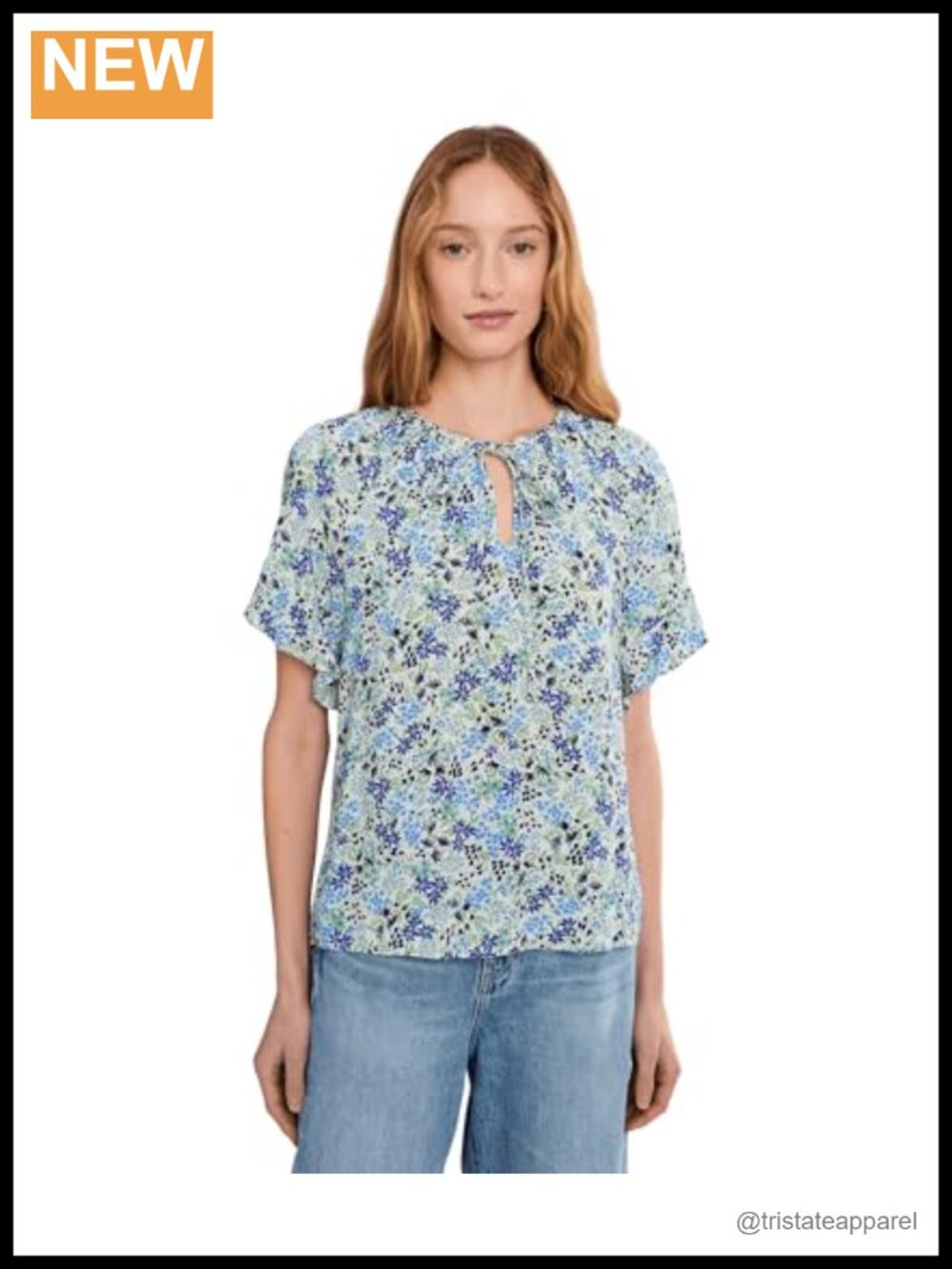 CeCe Shirred Short Sleeve Keyhole Blouse - Floral Viscose